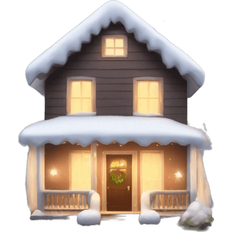 cozy house with white Christmas lights and snow emoji