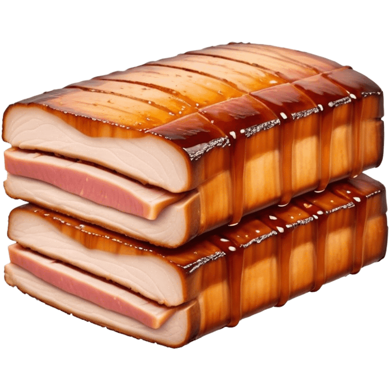 Cinematic tender pork belly, slow-roasted to perfection, crispy caramelized edges, glistening with juices, sliced into thick, rich layers, warm golden tones, luxurious and indulgent. emoji