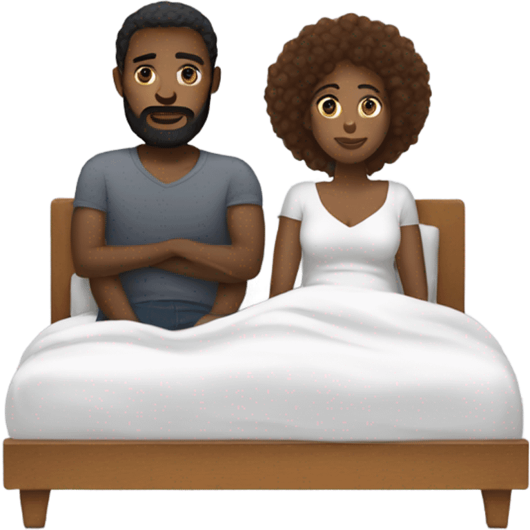 Black woman sitting in bed with white male with brown hair and beard  emoji