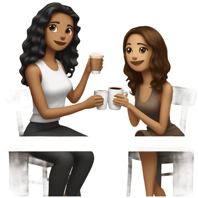 puerto rican woman light skin with shoulder-length, wavy, brown hair drinking latte with Italian woman with black, straight hair drinking espresso at table emoji