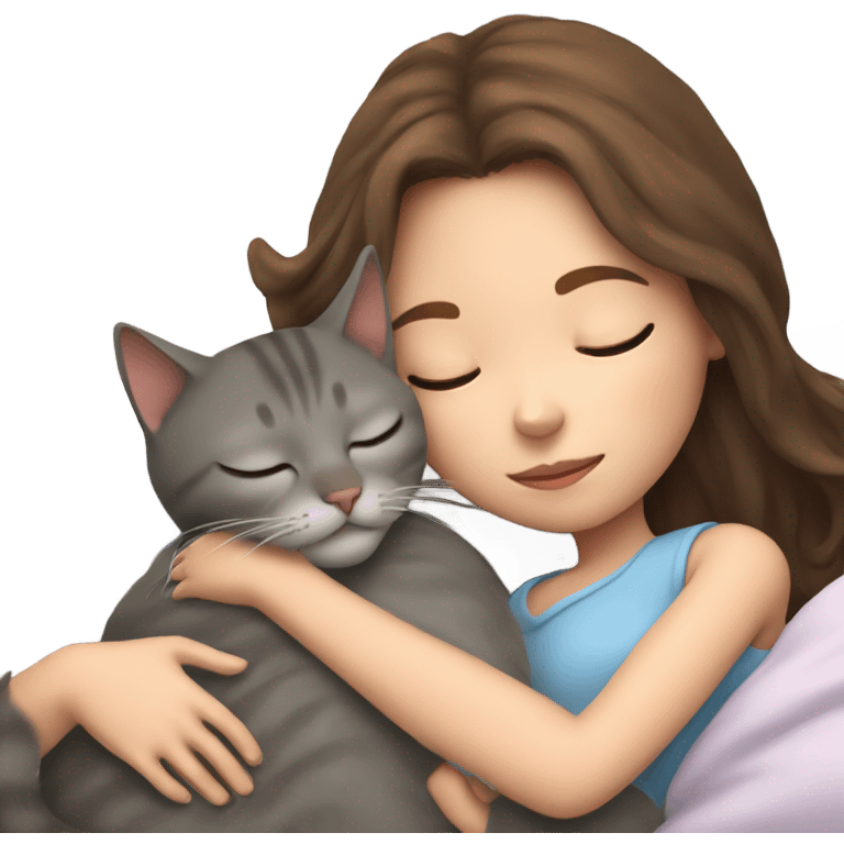 A Girl with Brown hair is sleeping with her grey cat in her arm emoji