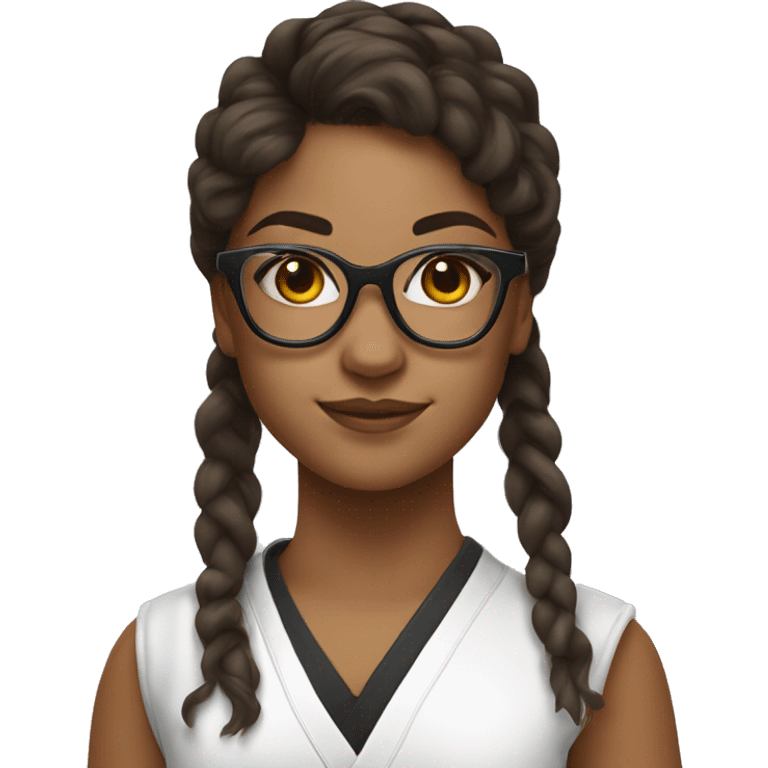 Karate girl with glasses, hoop earrings and long, brunette, wavy hair emoji