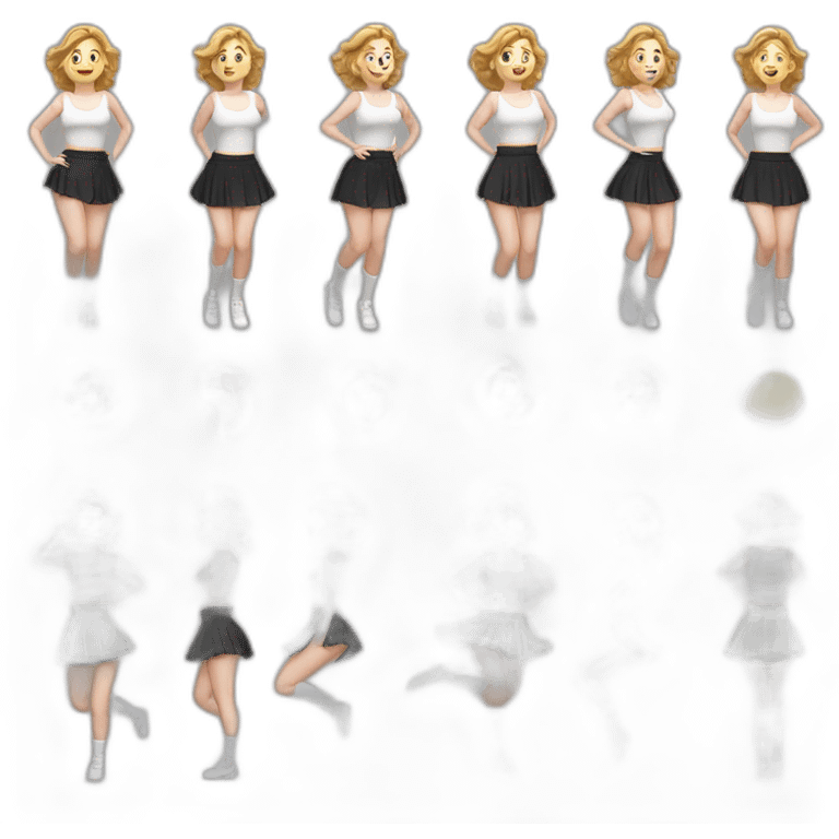 realistic full body caucasian curvy beauty jumping short black skirt back and front views strong wind white knickers long white socks emoji