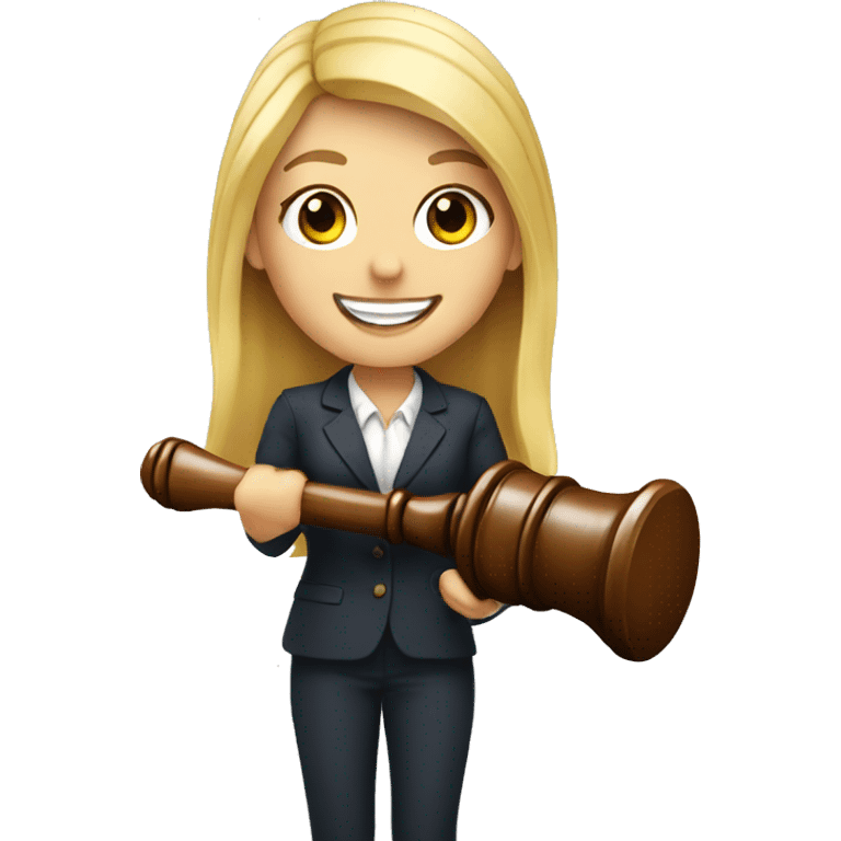 Blonde girl smiling holding gavel emoji