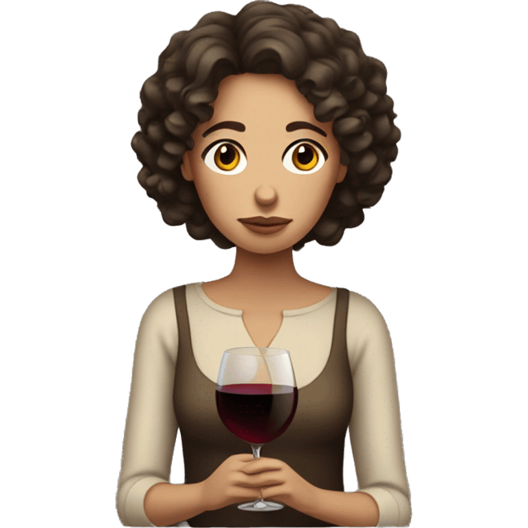 Sad White Woman with curly dark brown hair drinking wine emoji