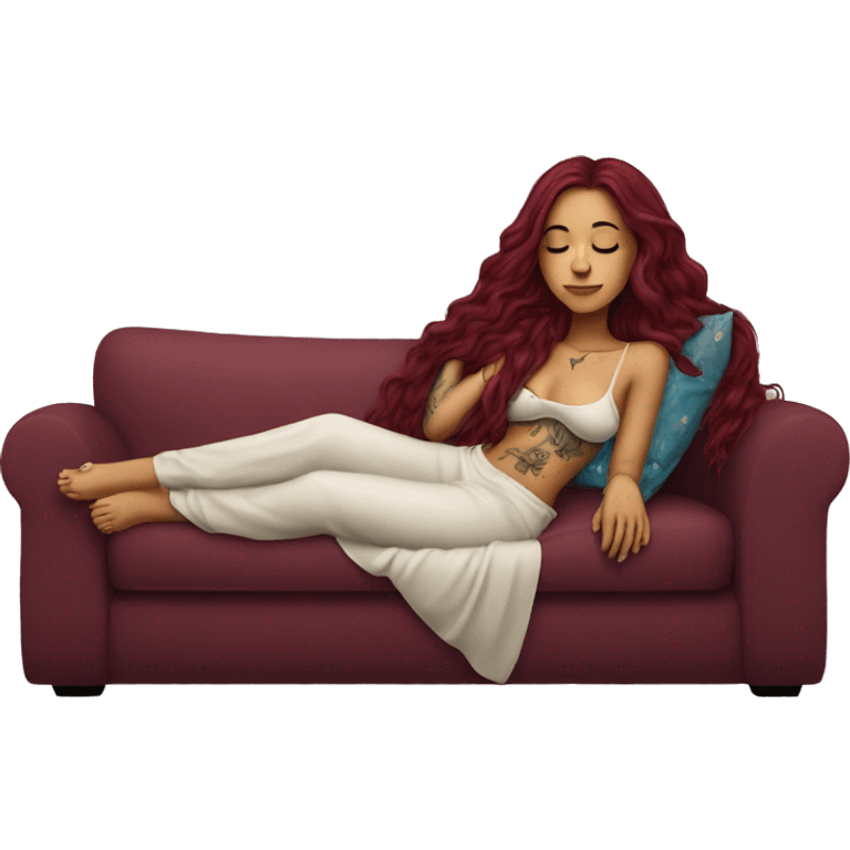 Beautiful tattooed burgundy long haired woman napping on sofa emoji