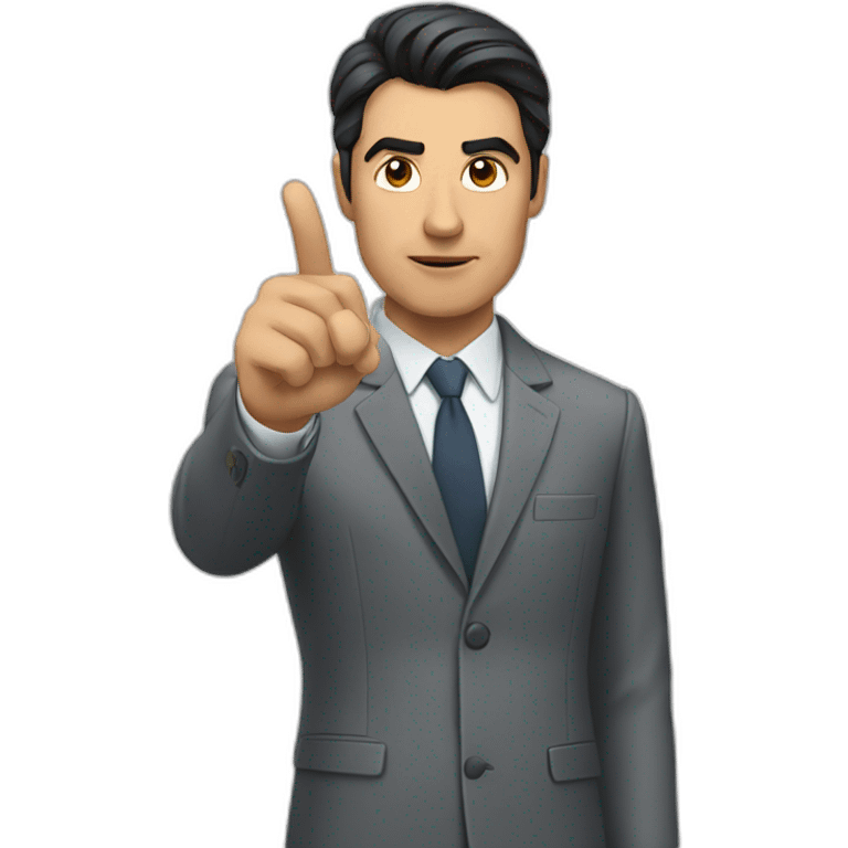 man with dark hair in gray suit pointing finger serious face emoji