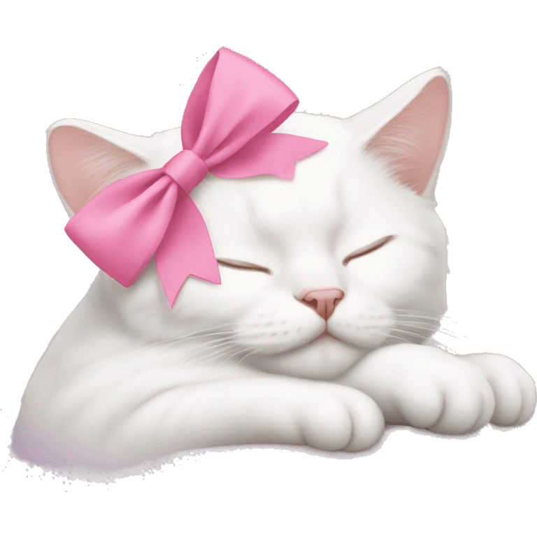 White cat sleeping with pink bow on head emoji