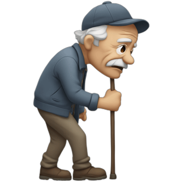 Old man leaning on a walking cane and holding his crancky back with his hand, grumpy face, detailed emoji