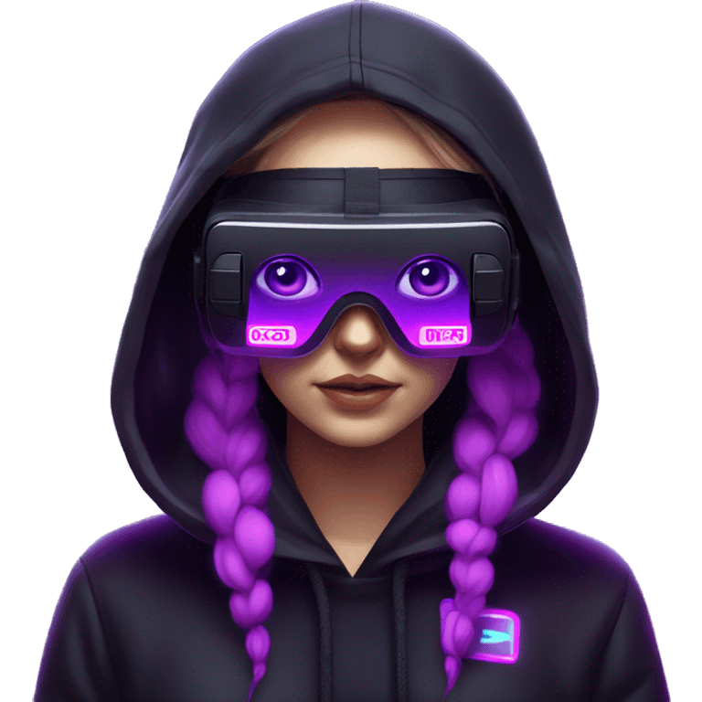 Russian girl wearing black hoody with violet letters "OMG", in vr headset. Cyberpunk style. Violet neon. emoji