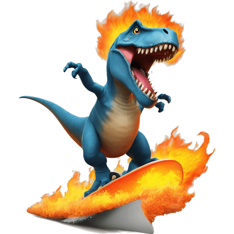 T-rex surfing on fire emoji