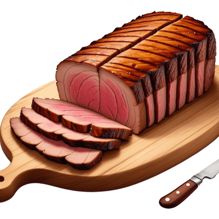 Cinematic smoked brisket, deep mahogany crust, perfectly sliced to reveal juicy marbled meat, warm smoky aroma, served on a wooden board, rich and flavorful, ultra-detailed and appetizing. emoji