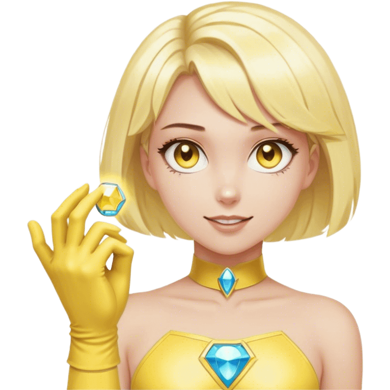 A girl thats in a superhero outfit , she has bob blond hair and has pastel yellow gloves with a gemstone stuck to the back of her hand, her eyes glowing yellow while her hand has light of joy coming from it emoji