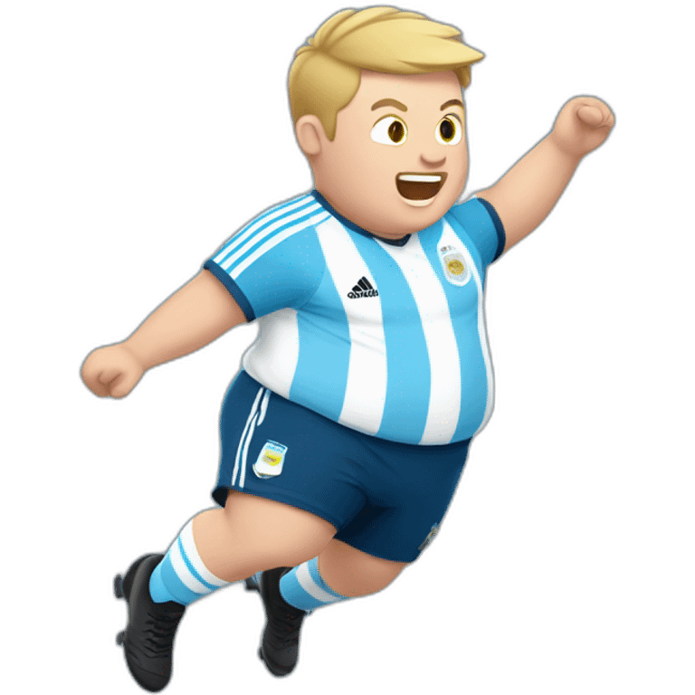 Short hair, obese white man jumping. argentina team uniform.  emoji