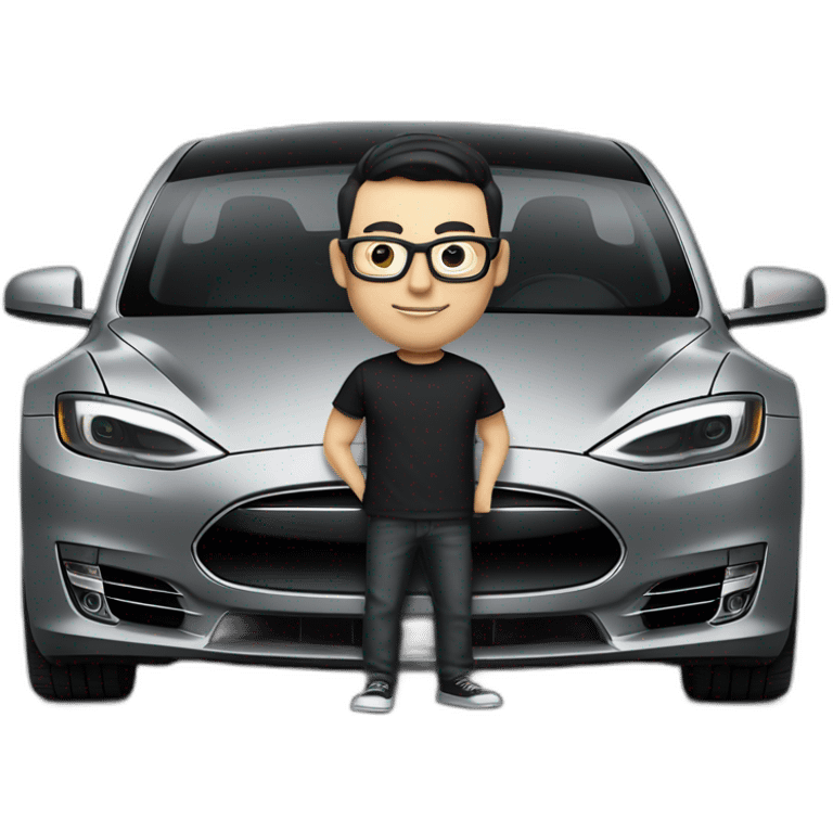 small-cartoonish-middle-age-lean-white-man,without beard or moustache,-with-black-hair-&-glasses-wearing-black-Tesla-T-shirt,-inside-black-tesla-model-3, full car front view emoji