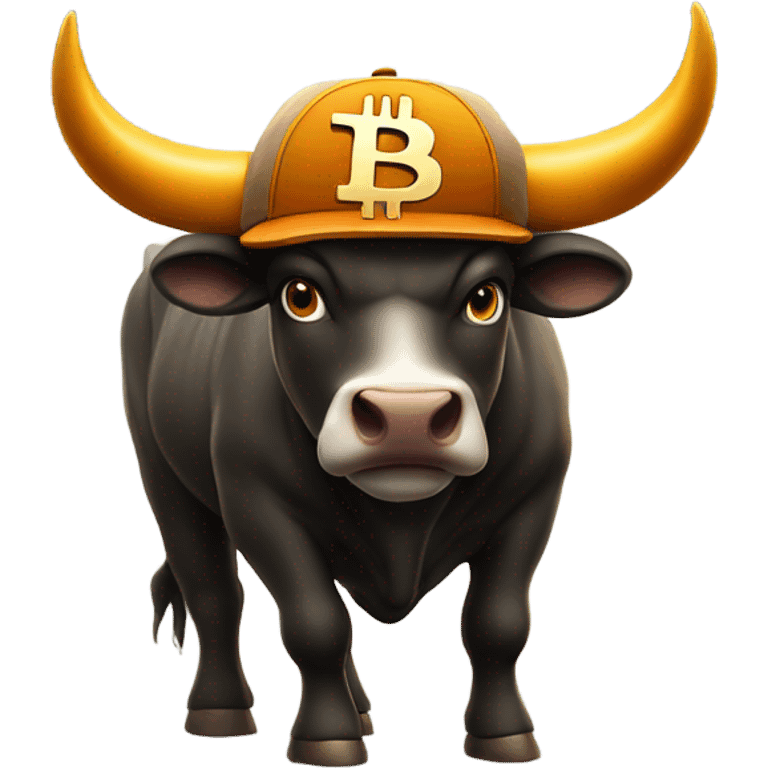 Bull ready to charge wearing bitcoin hat emoji