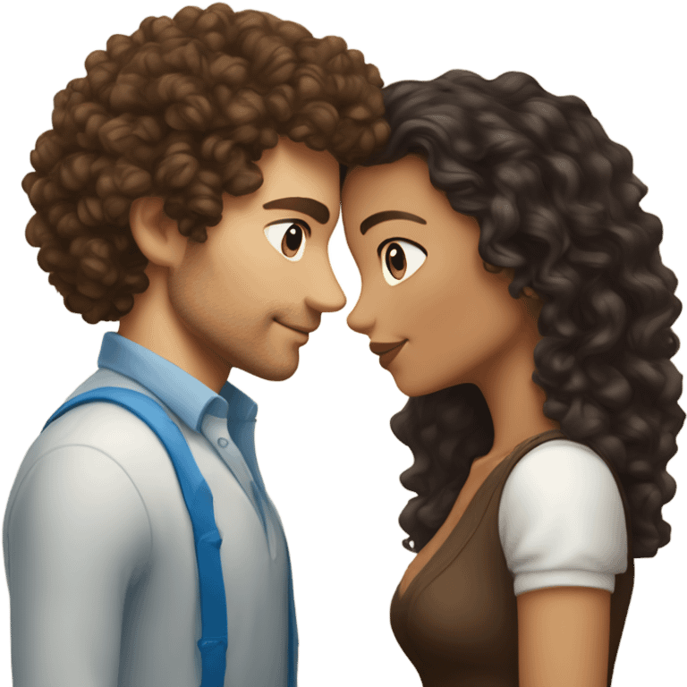 Tanned complexion woman with curly hair and white man with blue eyes and dark brown hair kissing  emoji