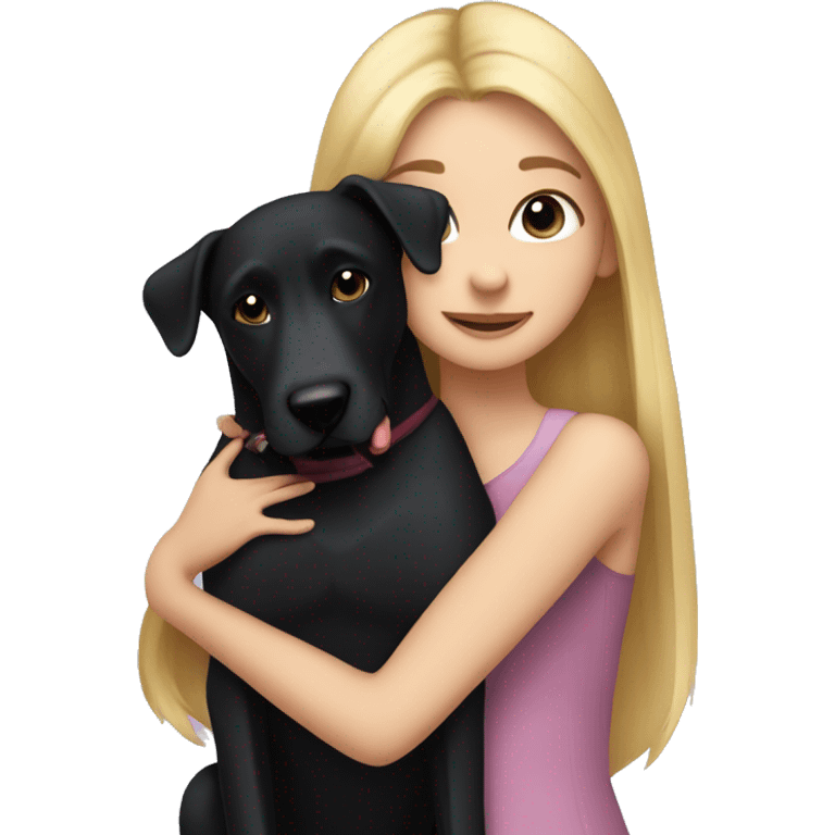 Pretty blonde girl with long hair, hugging a black dog with pointy ears emoji