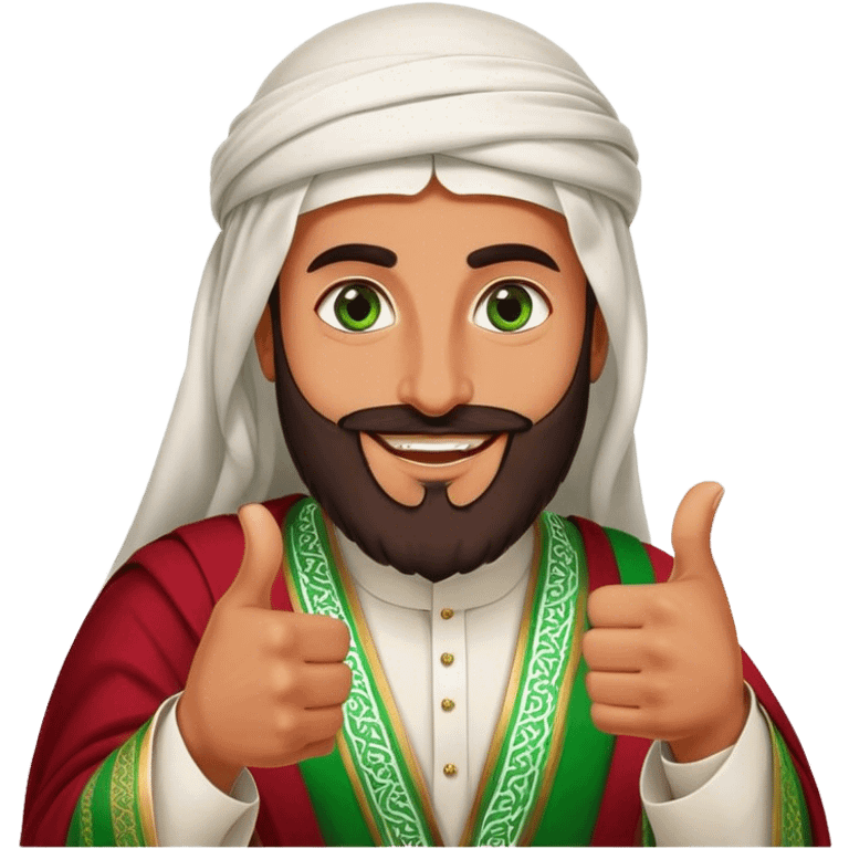 Tanned Arab Saudi man with green eyes and a beard, wearing traditional attire, red agal, smiling and giving a big thumbs-up emoji