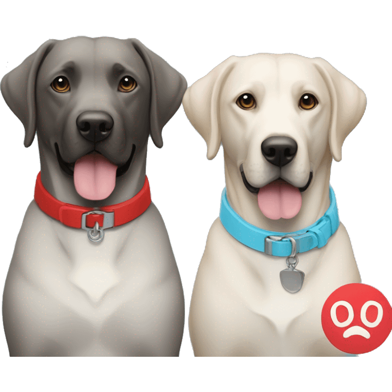 2 dogs, black labradors. one on the left smaller. The dog on left with a light blue collar. dog on right with red collar. emoji