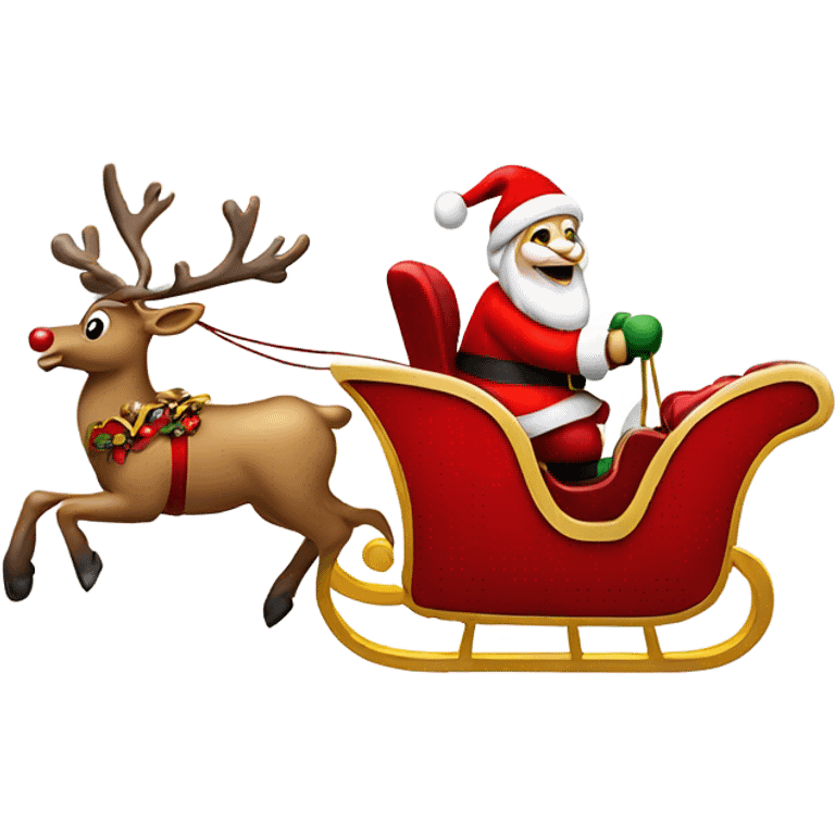 Santa Claus riding his red and gold sleigh which is being pulled by a reindeer with a red nose emoji