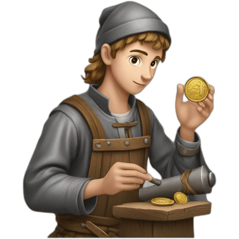 young coin engraver apprentice yielding tool, medieval age emoji