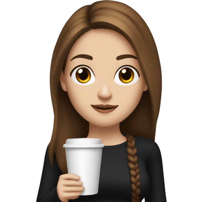 long straight brown hair, white skin woman in black long sleeve and black jeans, standing and holding shopping bags and a coffe cup emoji