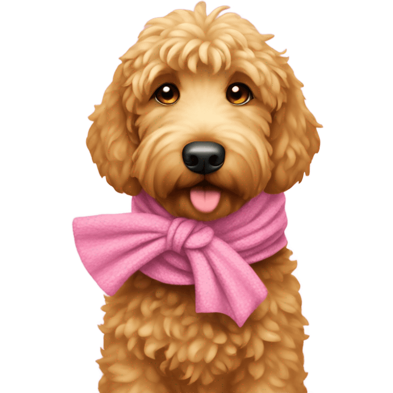 Golden doodle with a pink winter scarf and pink bows on its ears emoji