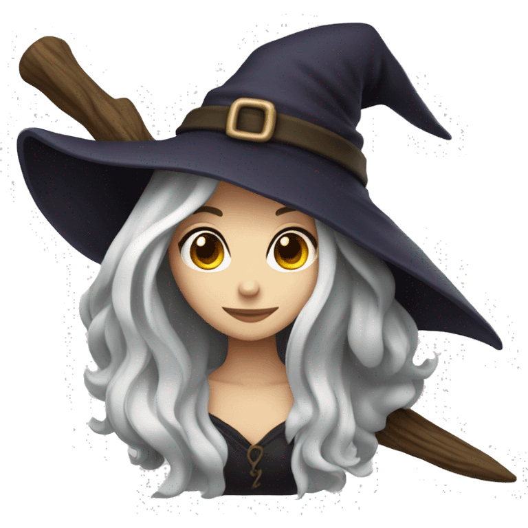 witch on a broom dark long hair white skin emoji