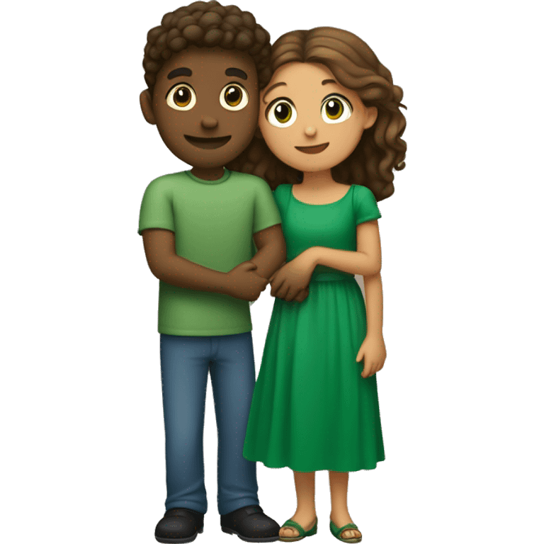 Crete an emoji a couple (boy with green dress, girl with red dress) hugging each other emoji