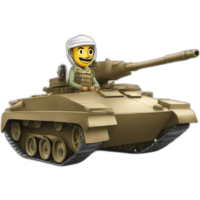 the prince from Saudi Arabia in the shemagh national headdress riding on a tank, smiling emoji