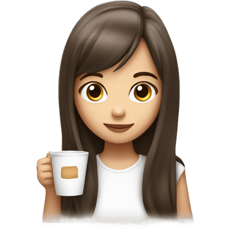 cute girl with brunette hair long and cute bang wearing a white top and drinking coffee  emoji