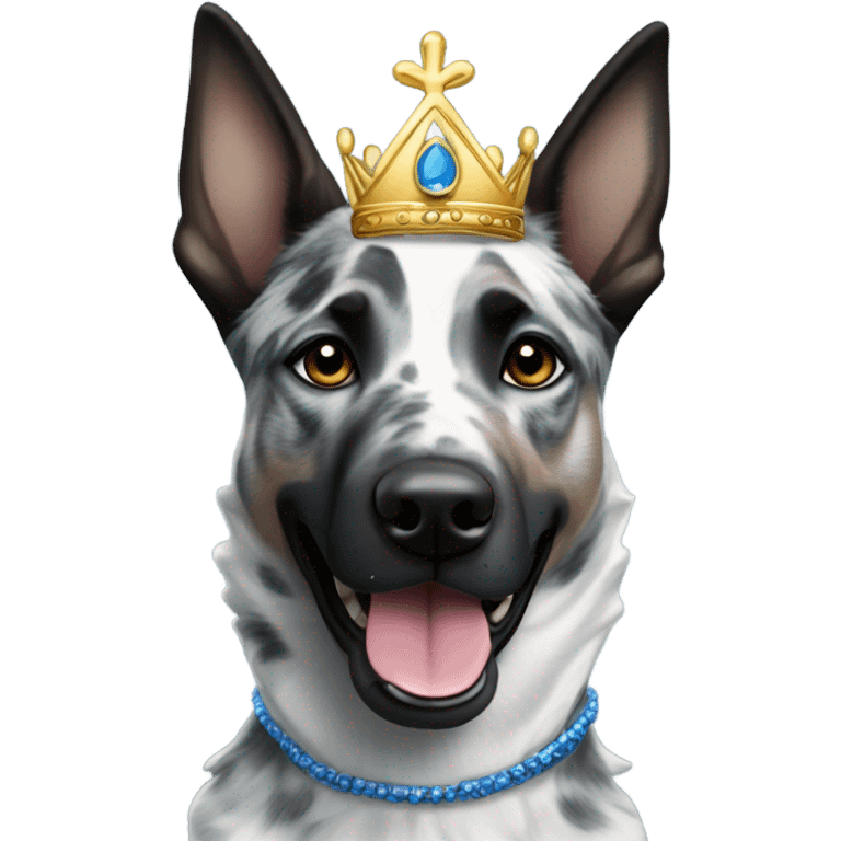 A malinois dark blue merle color with a crown on his head emoji