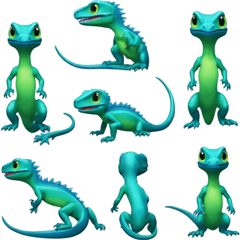 Cyan Shiny Glossy Lizard-Reptile-Raptor-Fakémon with dark-blue patterns and light-green belly Full Body emoji