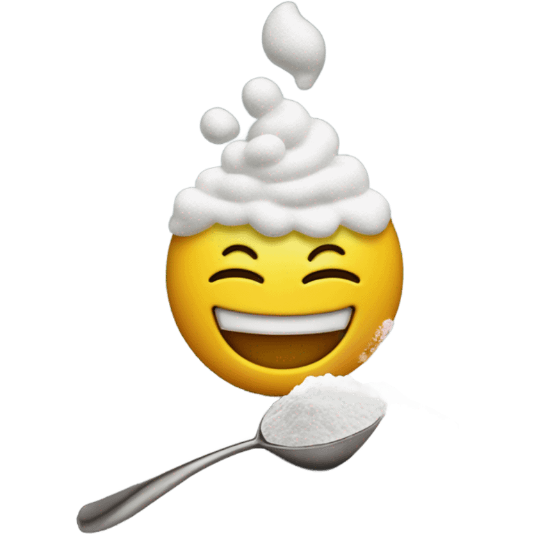 Yellow, smiling face with powdered sugar on his face with a spoon, and below with powdered sugar on it, connected to a lighter with fire  emoji