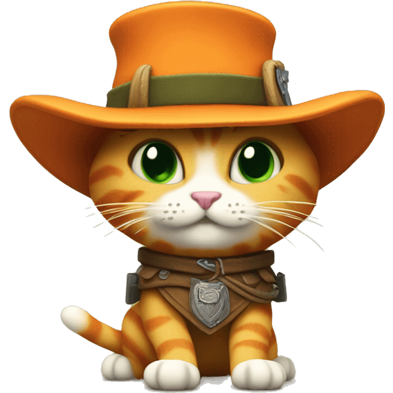 A 3D emoji of Puss in Boots, featuring a small, orange cat with big green eyes, wearing a feathered hat, boots, and a sword. He has a confident, playful expression and strikes a heroic pose.






 emoji