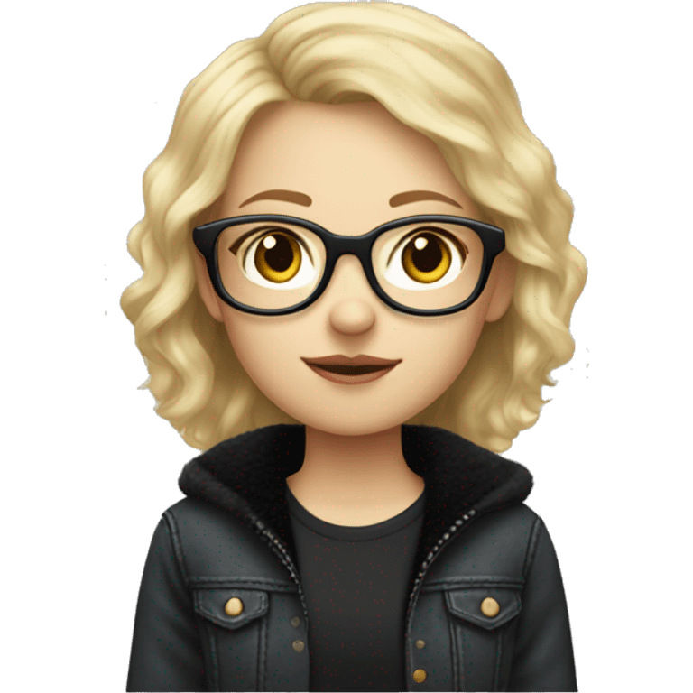 nerdy blonde haired girl who’s pale and had round glasses and ugly and pimply and wearing a black fuzzy jacket and jeans  emoji