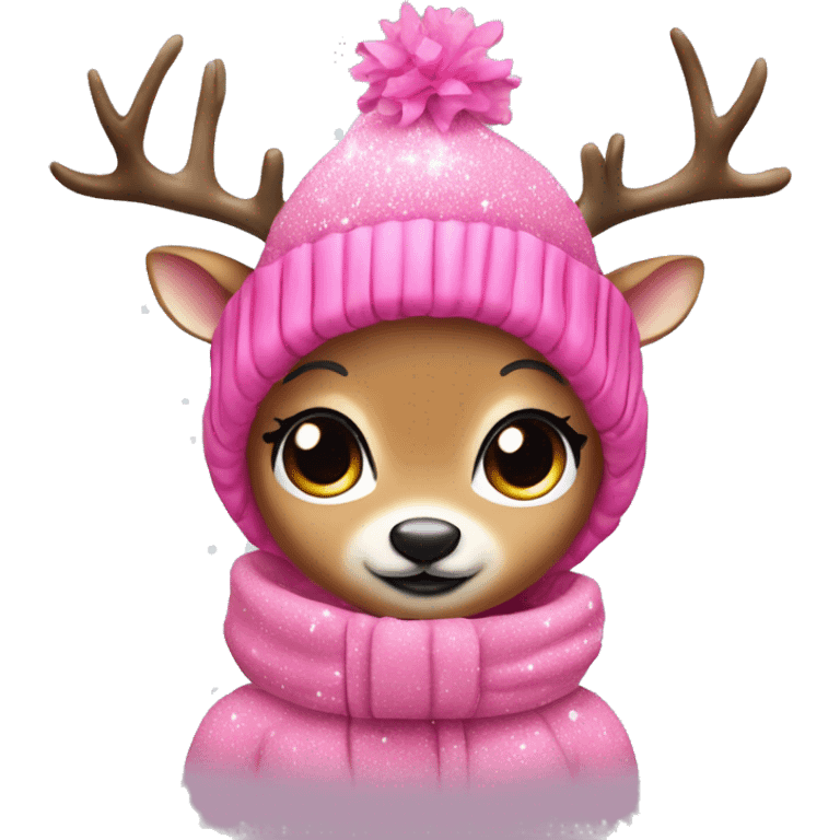 A cute winter themed deer with lashes and pink glitter outfit  emoji