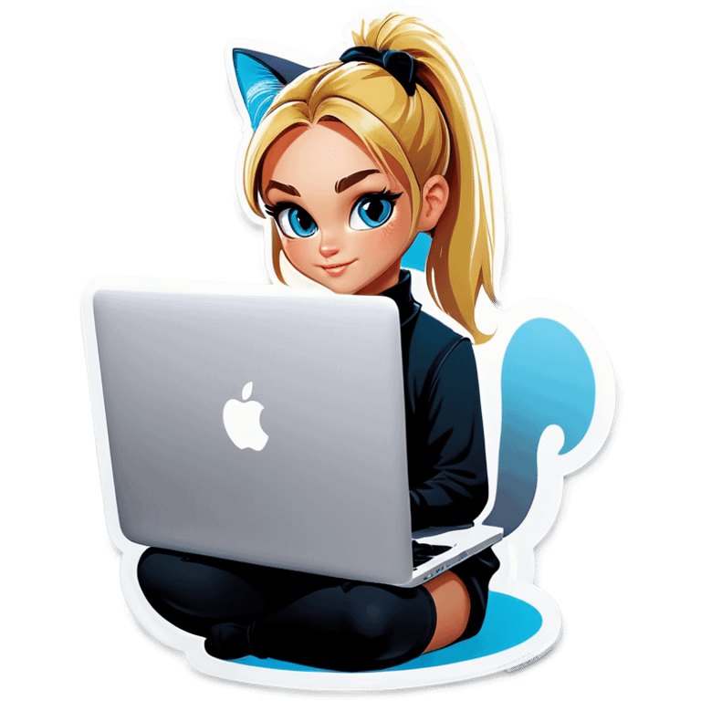 Blonde girl ponytail macBook and a cat emoji