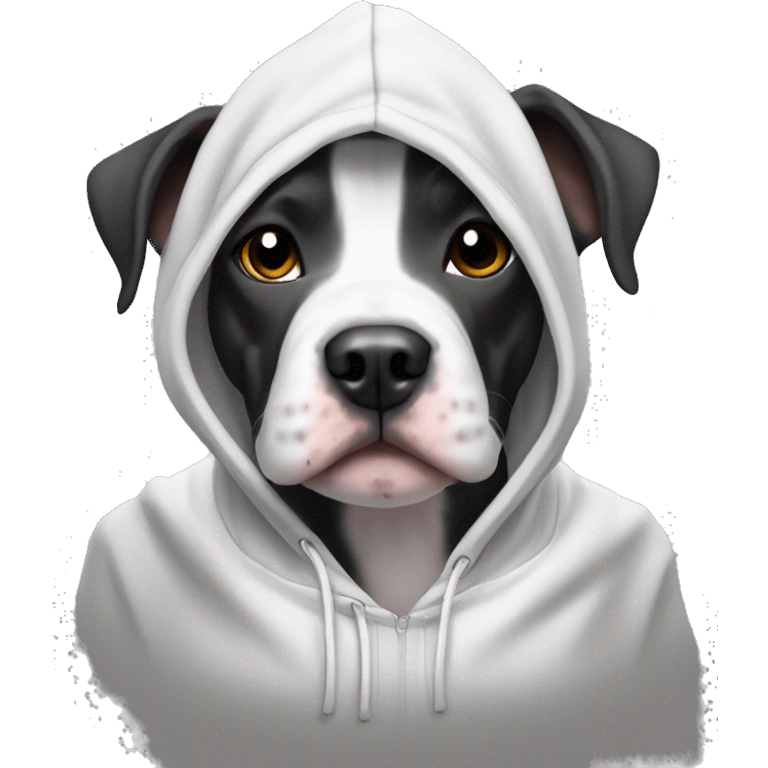 A black and white terrier pit bull wearing a hoodie emoji