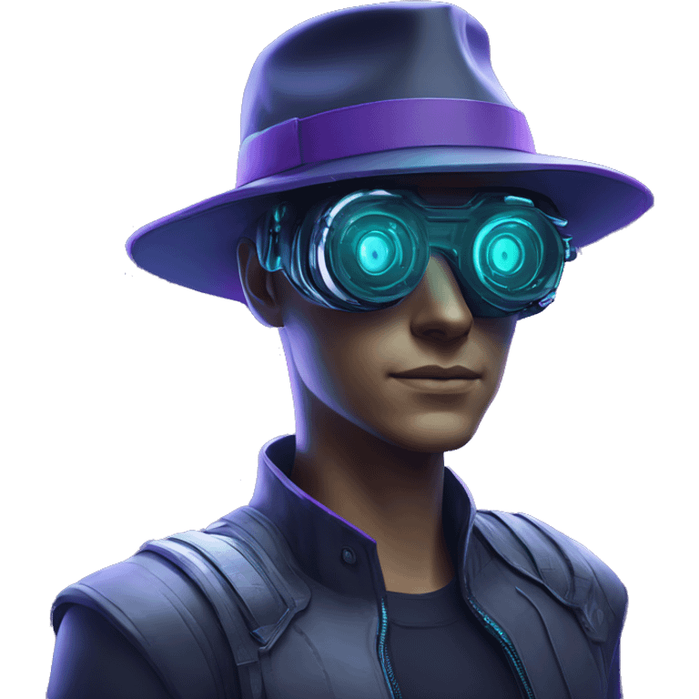 Secret human agent in a hat with  cyberpunk elements in VR googles scanning looking reviewing multicolor lines of code, cyan and purple colors, only upper body portrait emoji