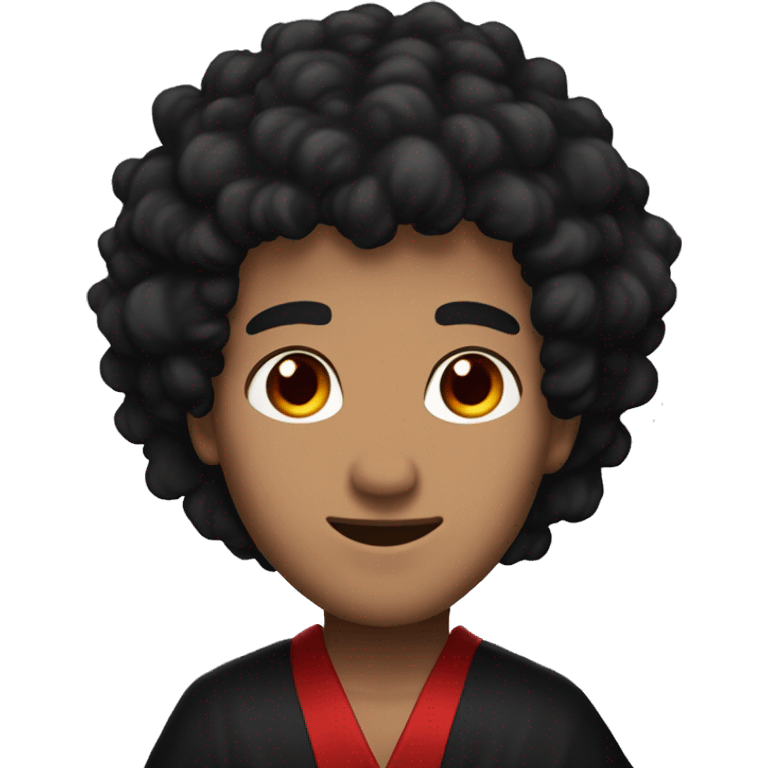 A man with black fluffy hair, red eyes, a fire mark on his forehead, fair skin, long eyelashes, and wearing black and red robes emoji