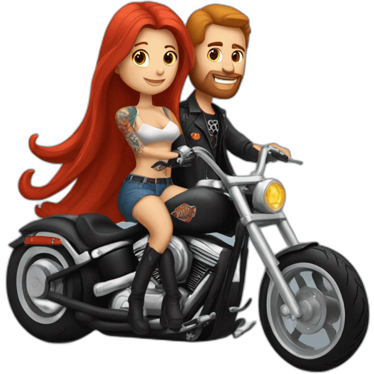 Guy with tattoos and long hair riding a Harley chopper motorcycle with a pretty red haired girlfriend  emoji