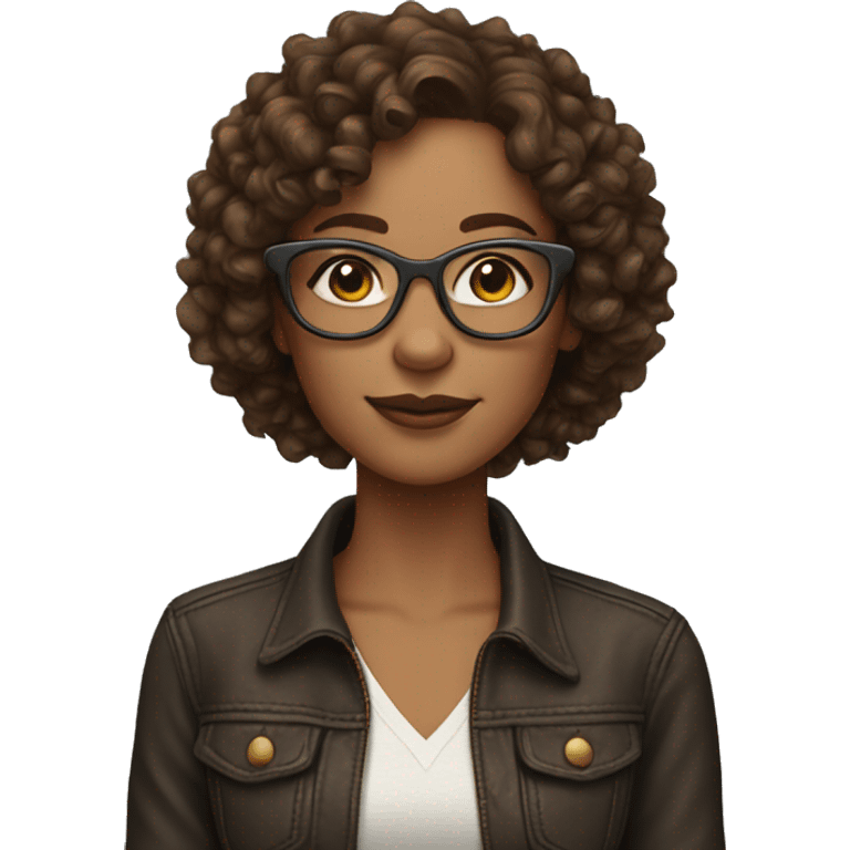 Cool woman with pal skin, brown curly hair and glasses. emoji