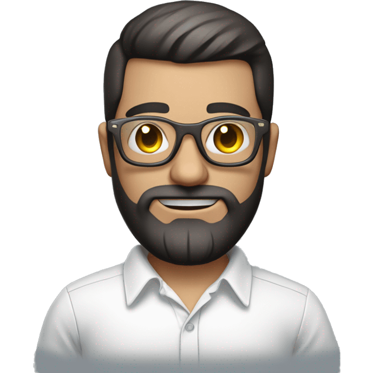 Emoji man with beard holding macbook in hands wearing transparent glasses and shirt, profession - graphic designer. Features: white skin, weight 100 kg, dark hair, age 21 years, earring in left ear emoji