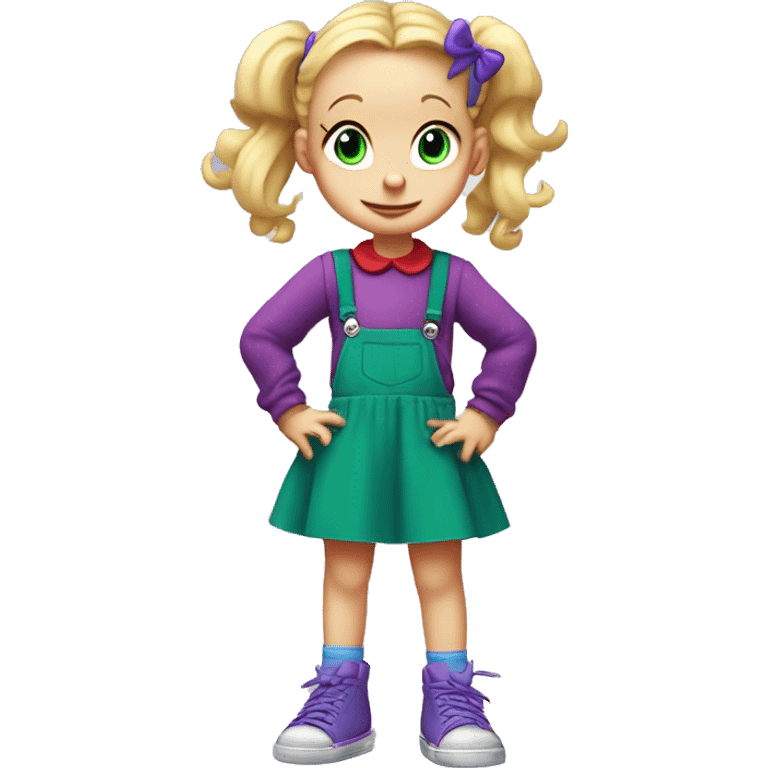 A little blonde girl with pigtails and little purple bows wearing a red long-sleeved shirt and purple overalls skirt with blue tights with green polka dots and purple sneakers, full body, rugrats emoji