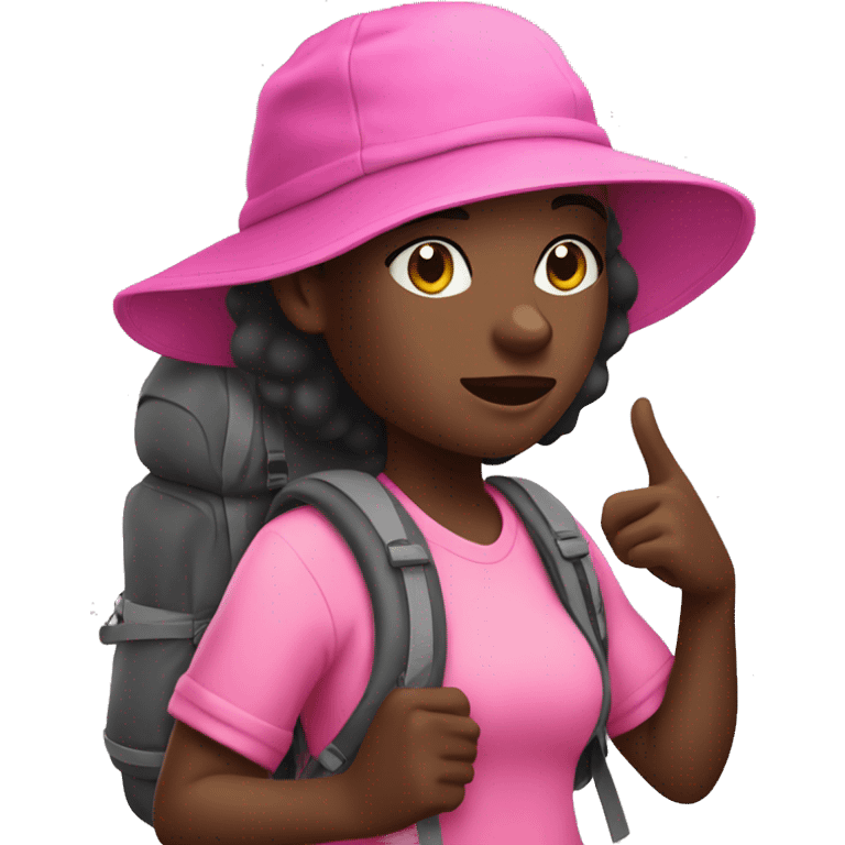 Dark skinned black girl hiking with pink bucket hat and wearing backpack emoji