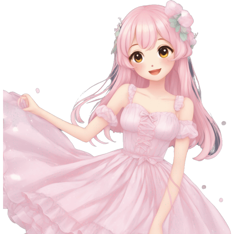 Gorgeous pastel anime style lady with blushing face and a dress cottagecore fairycore  Kawaii anime colorful pearly romantic simplistic aesthetic trending style emoji