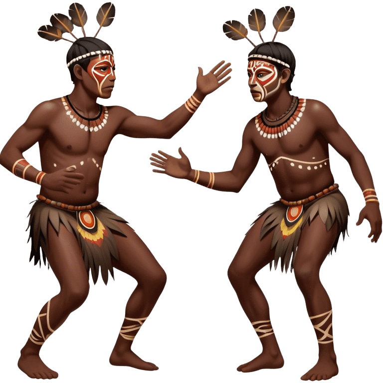 Cinematic Realistic scene of two indigenous male aboriginals performing an Aboriginal Corroboree, adorned in traditional body paint, captured in fluid motion with earthy tones and vibrant, cultural lighting emoji