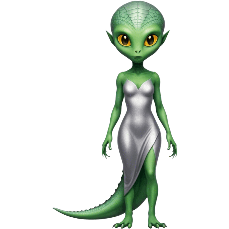 Green Alien reptilian woman in silver dress, full figure, yellow eyes, no tail emoji